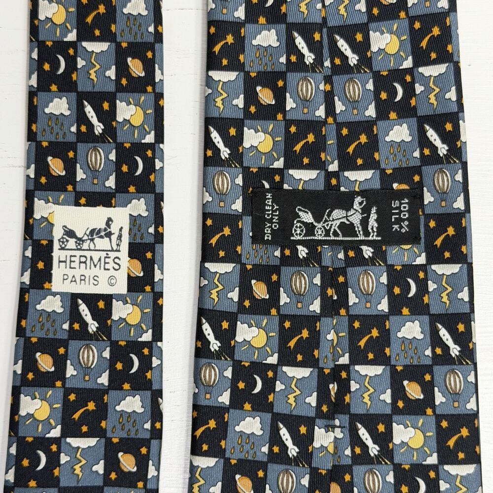 HERMES 7803 Silk Neck Tie 56”x3.5” Blue Rocket Hot Air Balloon Planet Stars EUC - Picture 4 of 5